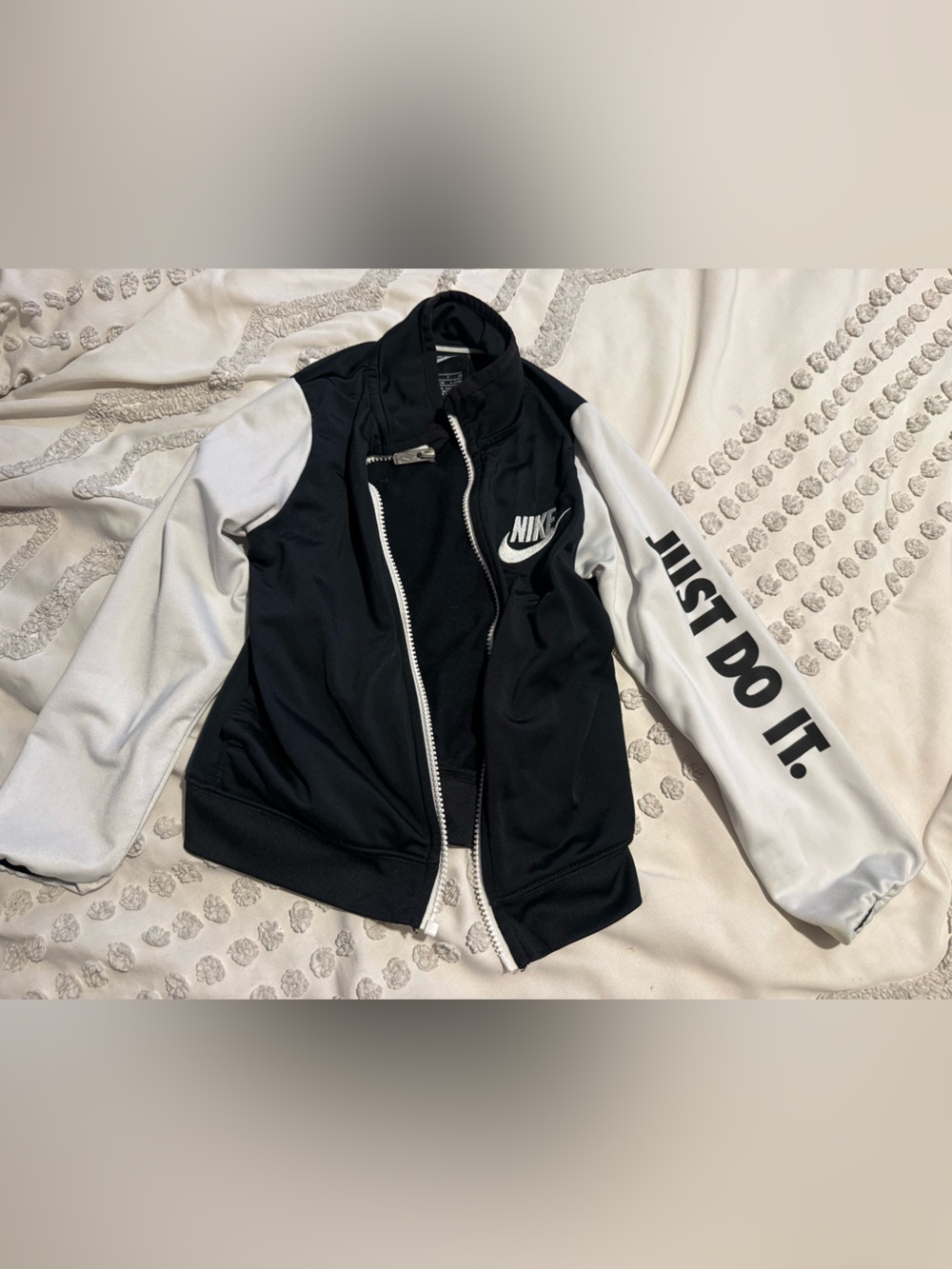 Nike Women's Black and White 'Just Do It.' Bomber Jacket - Sporty Zip Front